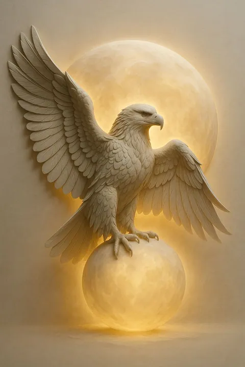 Carved eagle with spread wings perched on a glowing backlit moon relief
