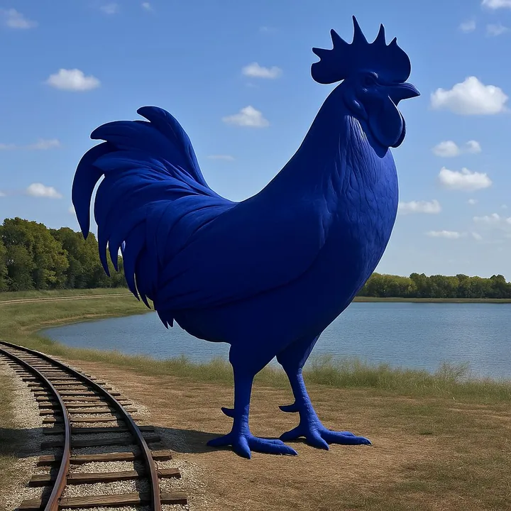 Giant cobalt blue rooster sculpture beside a lake and railway