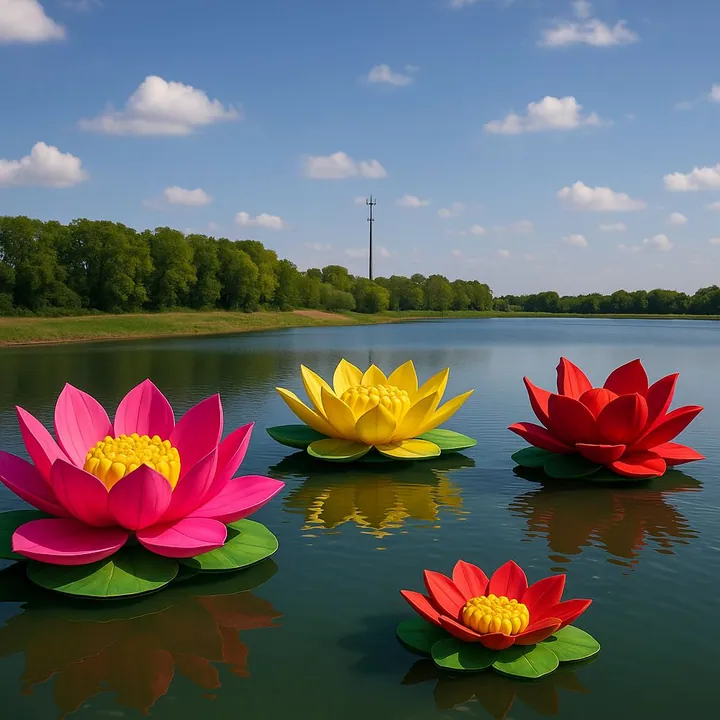 Giant colorful lotus flower sculptures floating on a lake