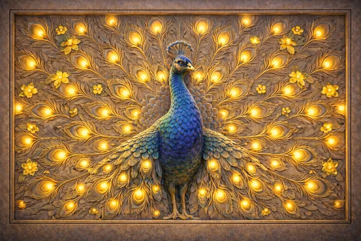 Golden peacock relief with dozens of integrated warm lights across its feathers