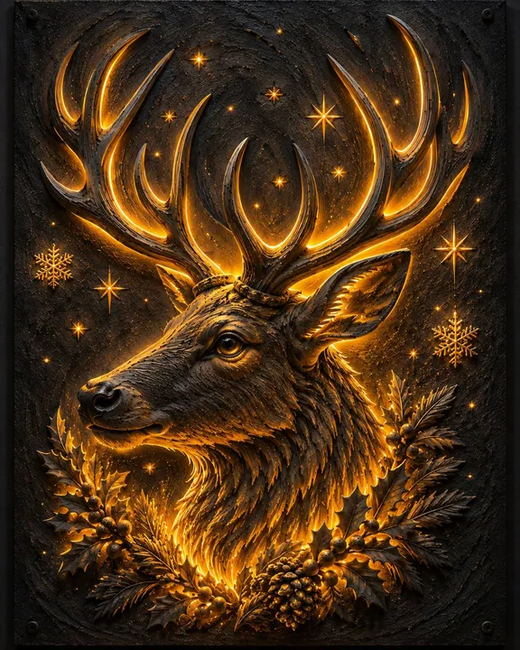Golden illuminated reindeer head relief with stars