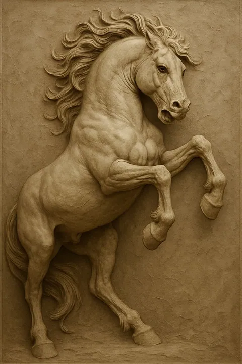 Hand-carved high-relief sculpture of a rearing stallion in warm stone finish