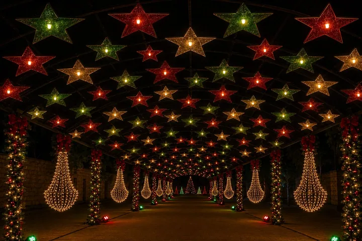 Walk-through holiday light tunnel with hanging stars and chandeliers