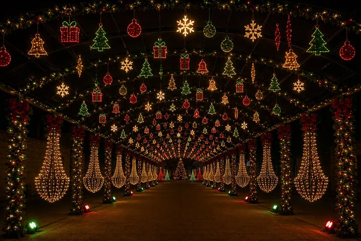 Holiday light tunnel of glowing ornaments, gifts and snowflakes