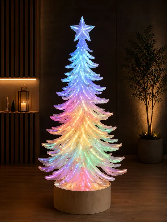 Iridescent LED Christmas tree sculpture on a wooden base