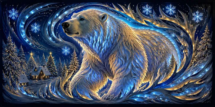 Blue and gold polar bear relief panel with snowflakes
