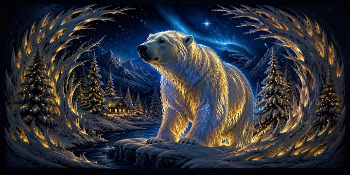 Illuminated polar bear relief with snowy pines and gold swirls