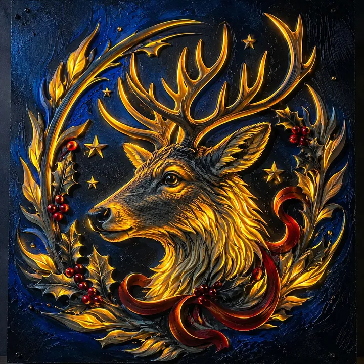 Reindeer relief framed by a golden holly wreath and red ribbon