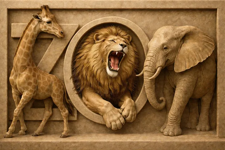 High-relief ZOO signage with giraffe, roaring lion and elephant carved into the letters